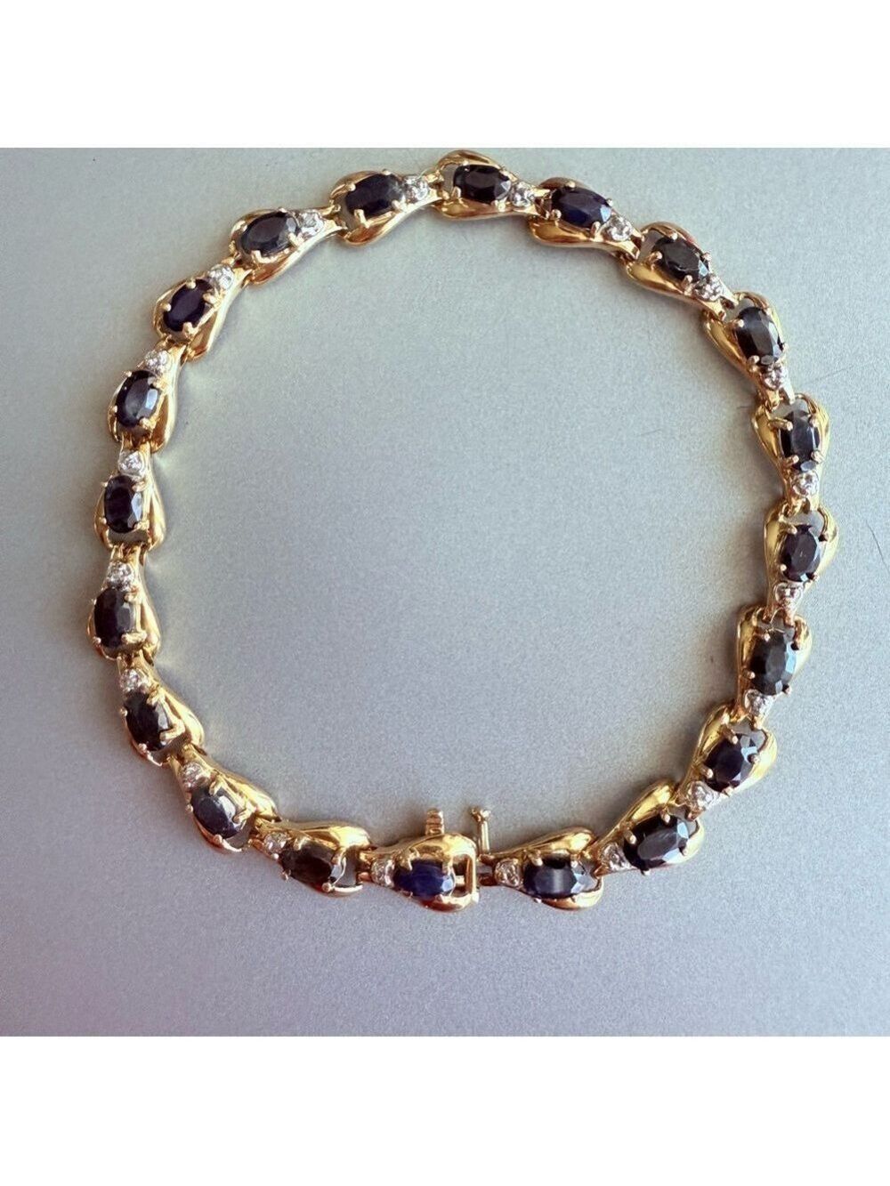 Estate 10k Gold Natural Sapphire & Diamond Tennis Bracelet Vintage LGL D…